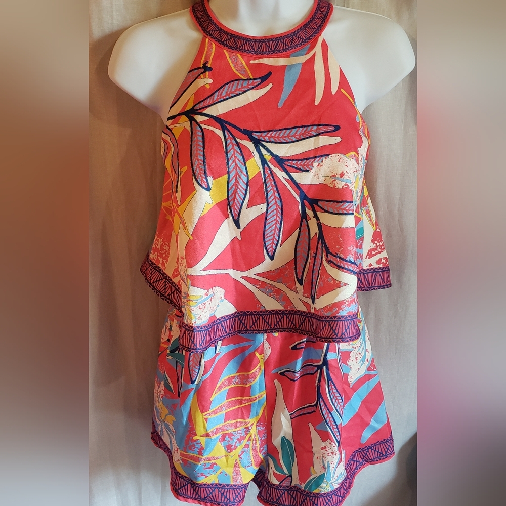 Flying Tomato Vibrant Tropical Print Halter Top One Piece Romper Size XS